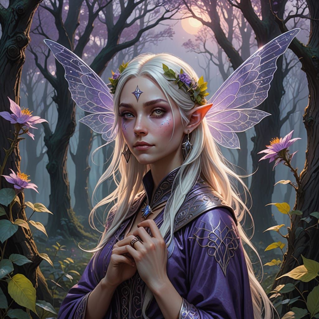 Seductive Fey Sorceress in Whimsical Feywild Landscape