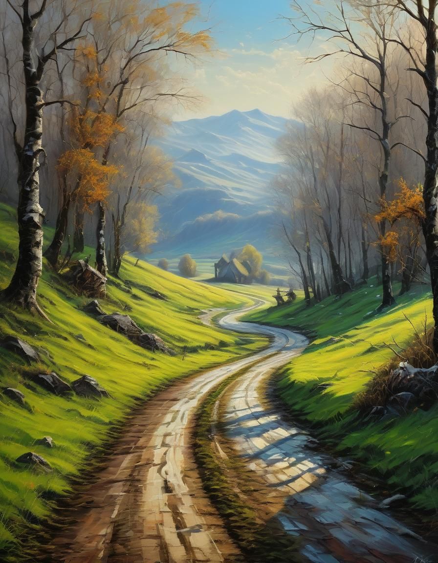 Boar on Roadside Meadow: Detailed Oil Painting