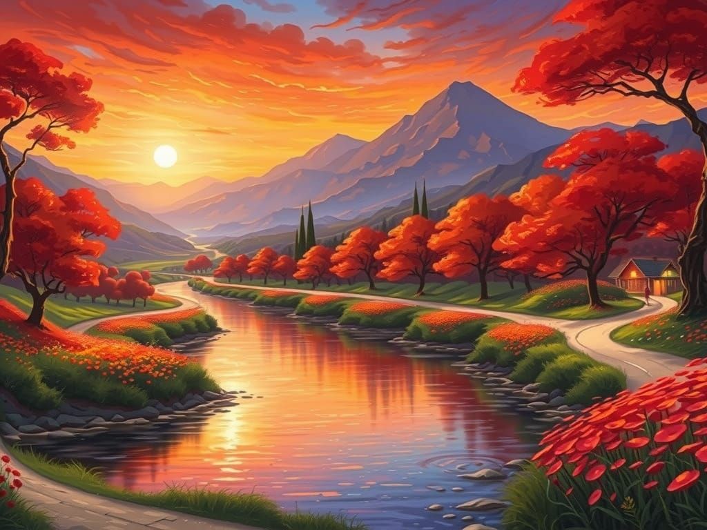 Surreal Red Sunset Hues over a Serene River Landscape