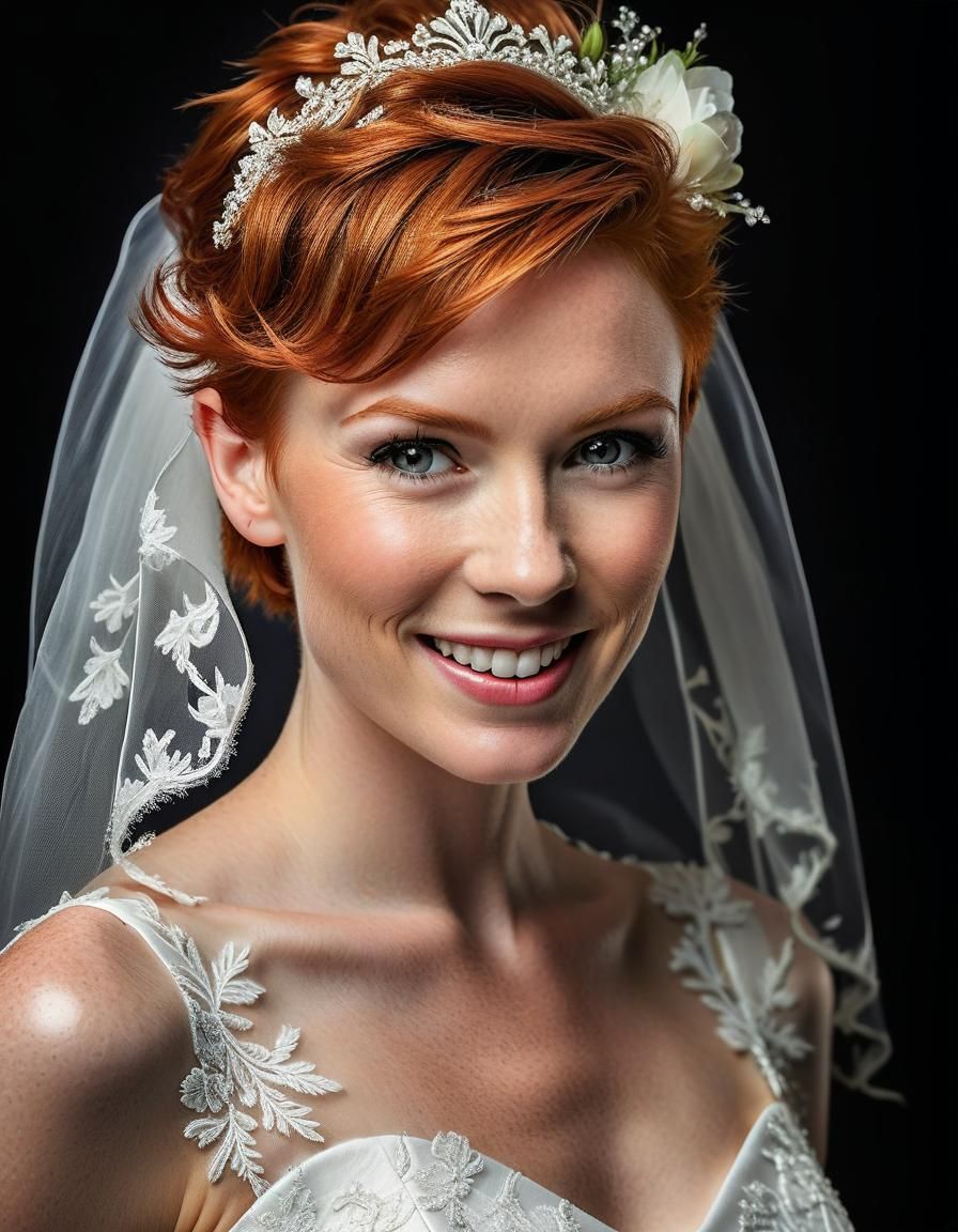 Glamorous Red-Haired Bride in Organza Lace Gown