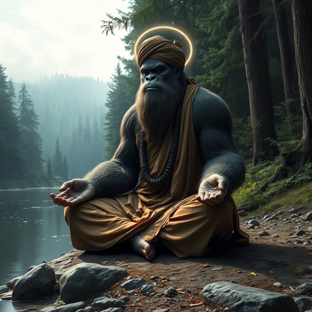 Photorealistic Bigfoot Meditating as a Guru in Woods