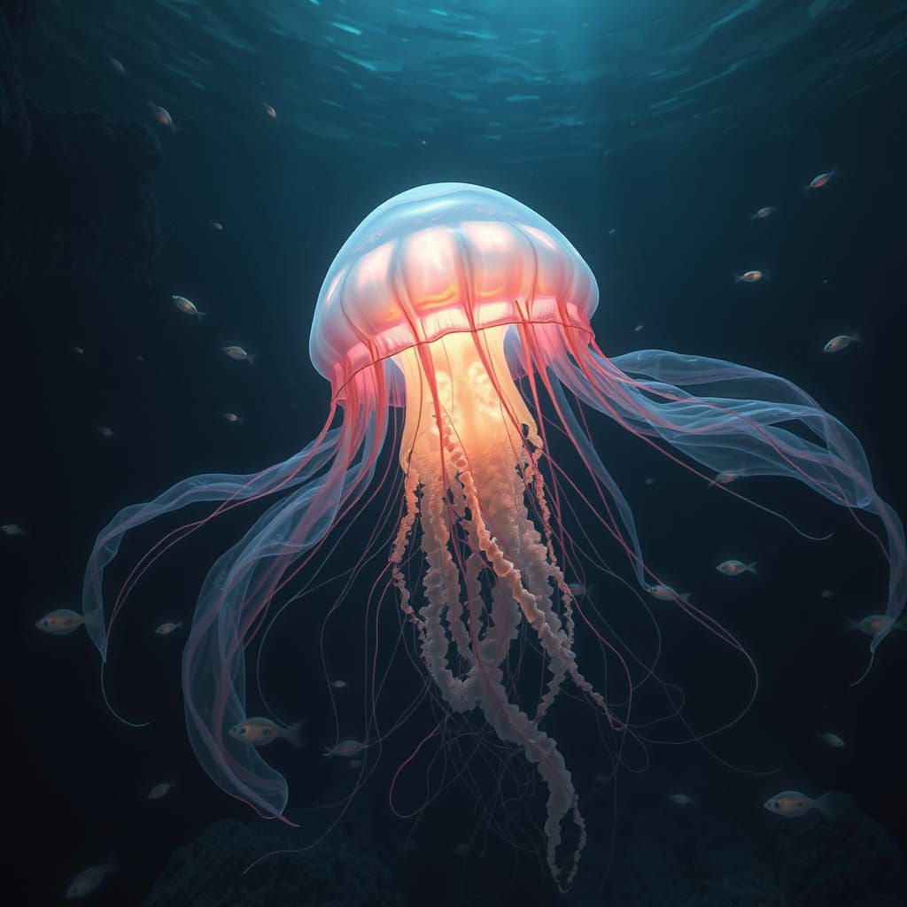 Bioluminescent Jellyfish Dancing in Abyssal Alien Ocean