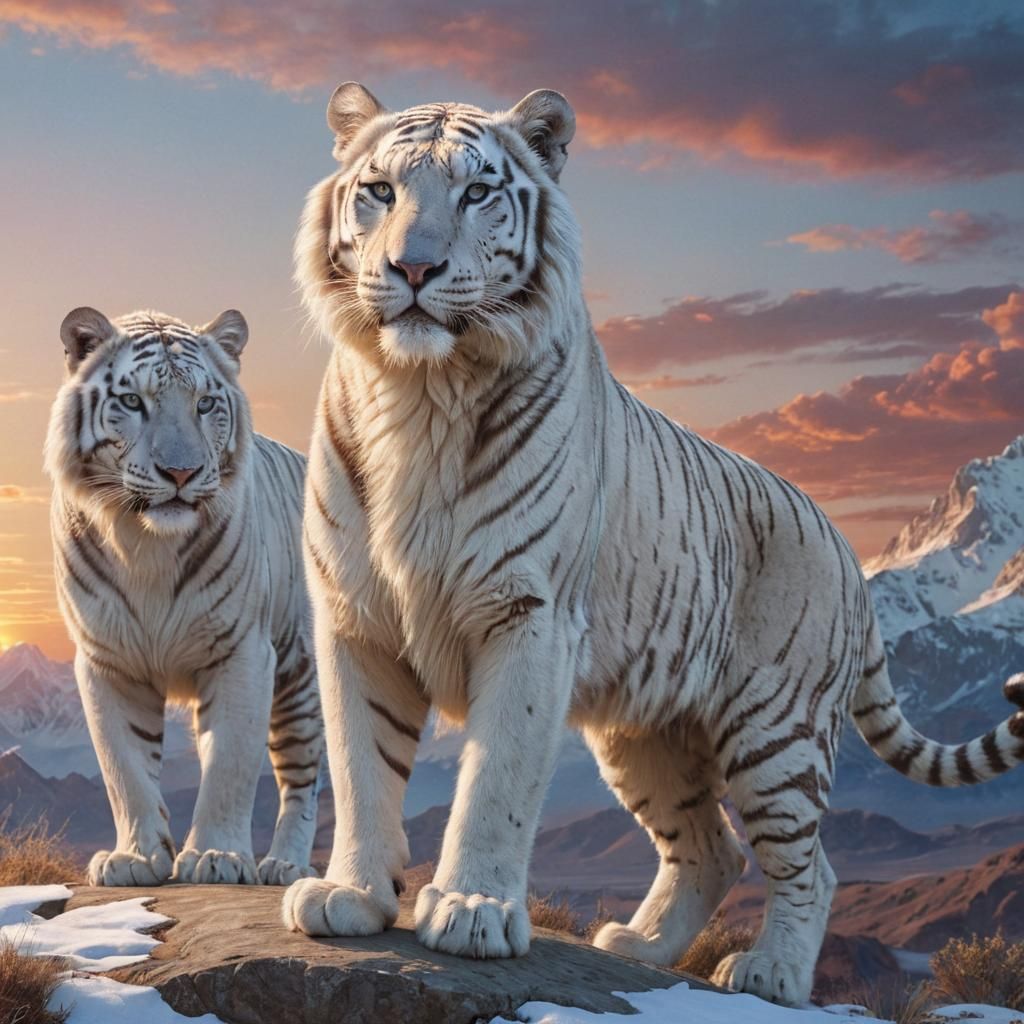 White Tiger, Lion, Leopard Hybrid Sunset Portrait