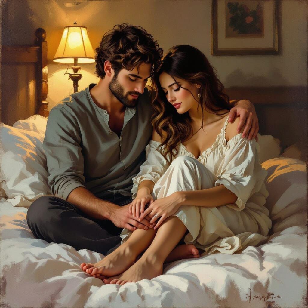 Intimate Couple's Bedroom Scene in Romantic Painterly Style