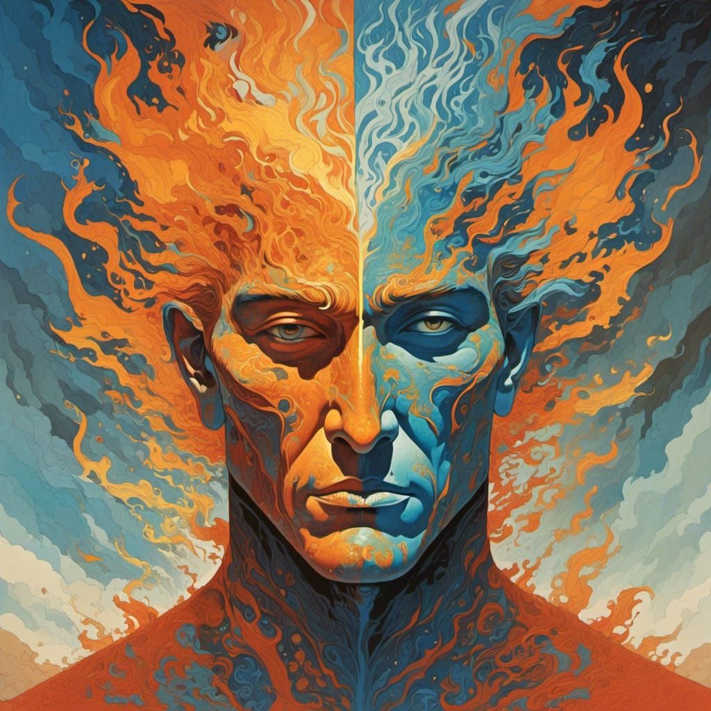Dual Elemental Face: Fire and Water Portrait