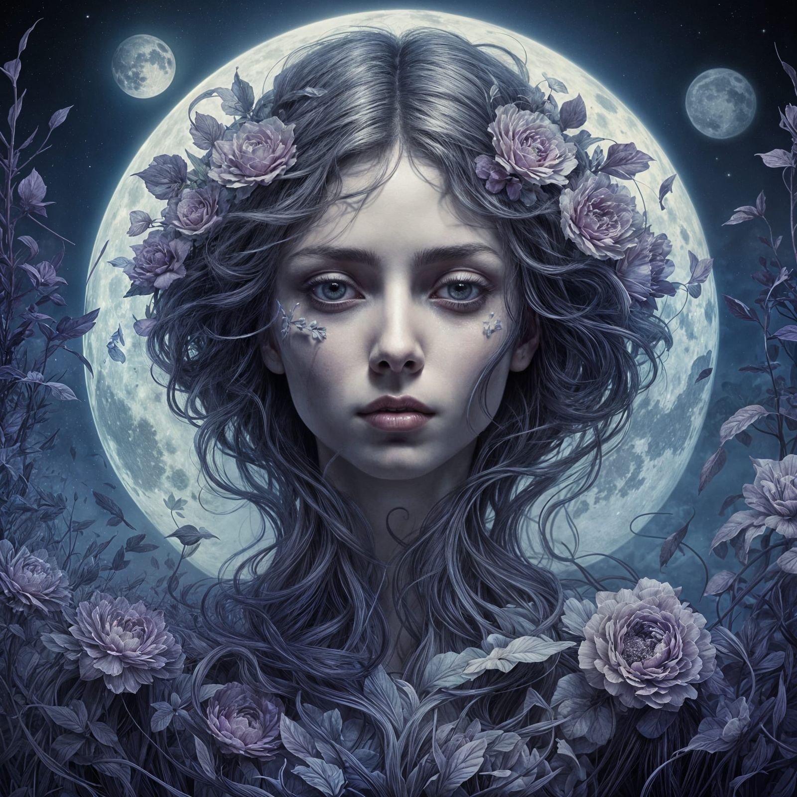 Mysterious Plant Woman Gazing at Full Moon