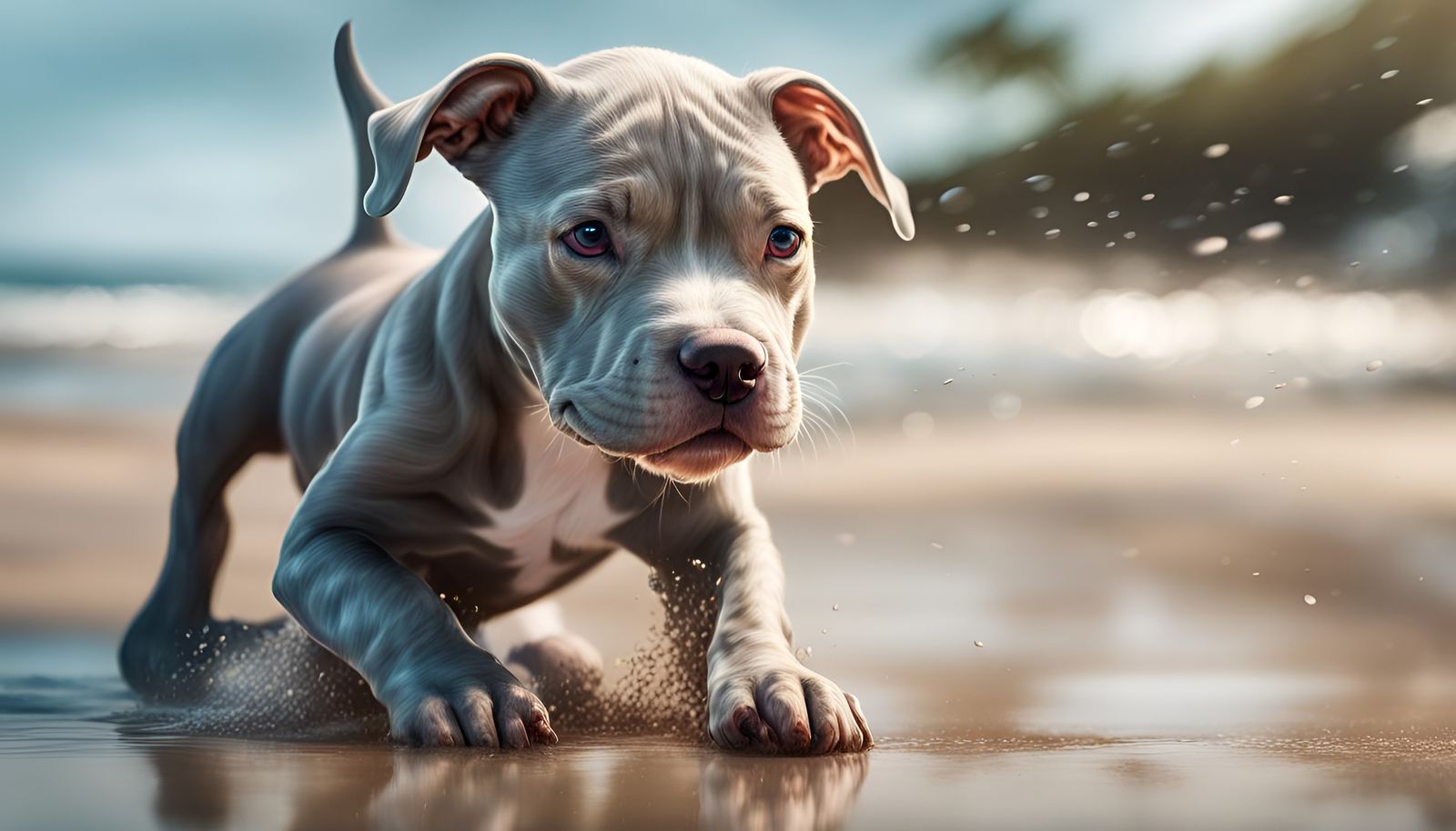 Gray Pitbull Puppy's Sunny Beach Day