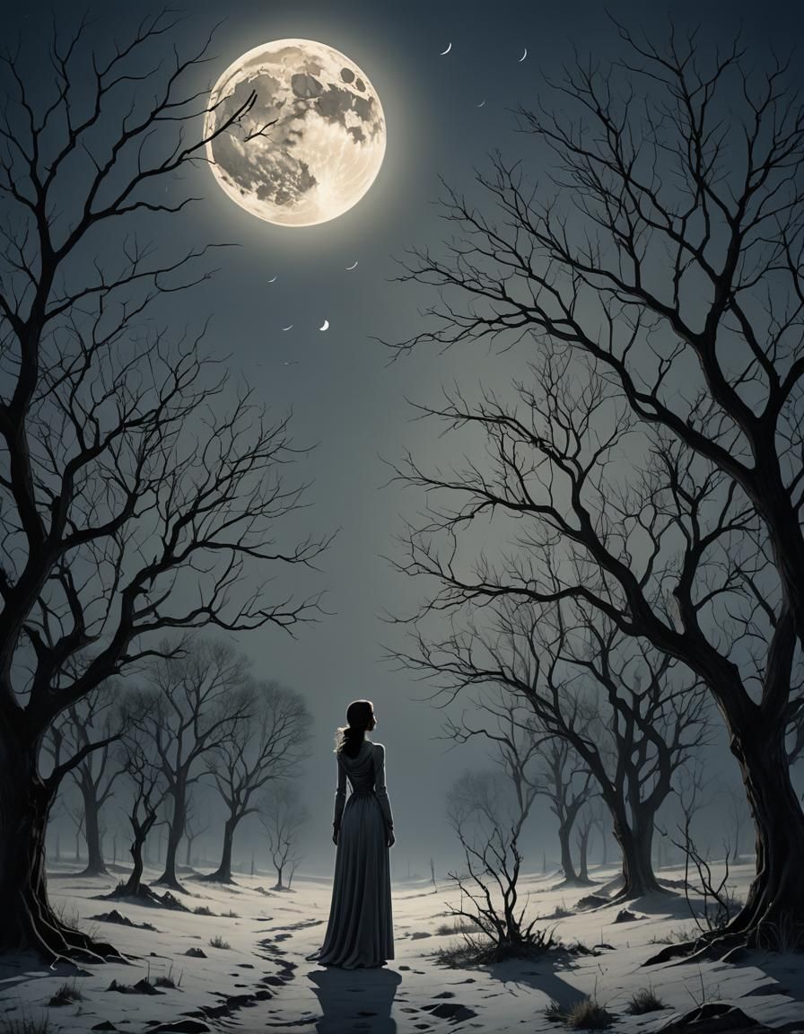 Ethereal Woman in Moonlit Landscape: Dreamlike Art