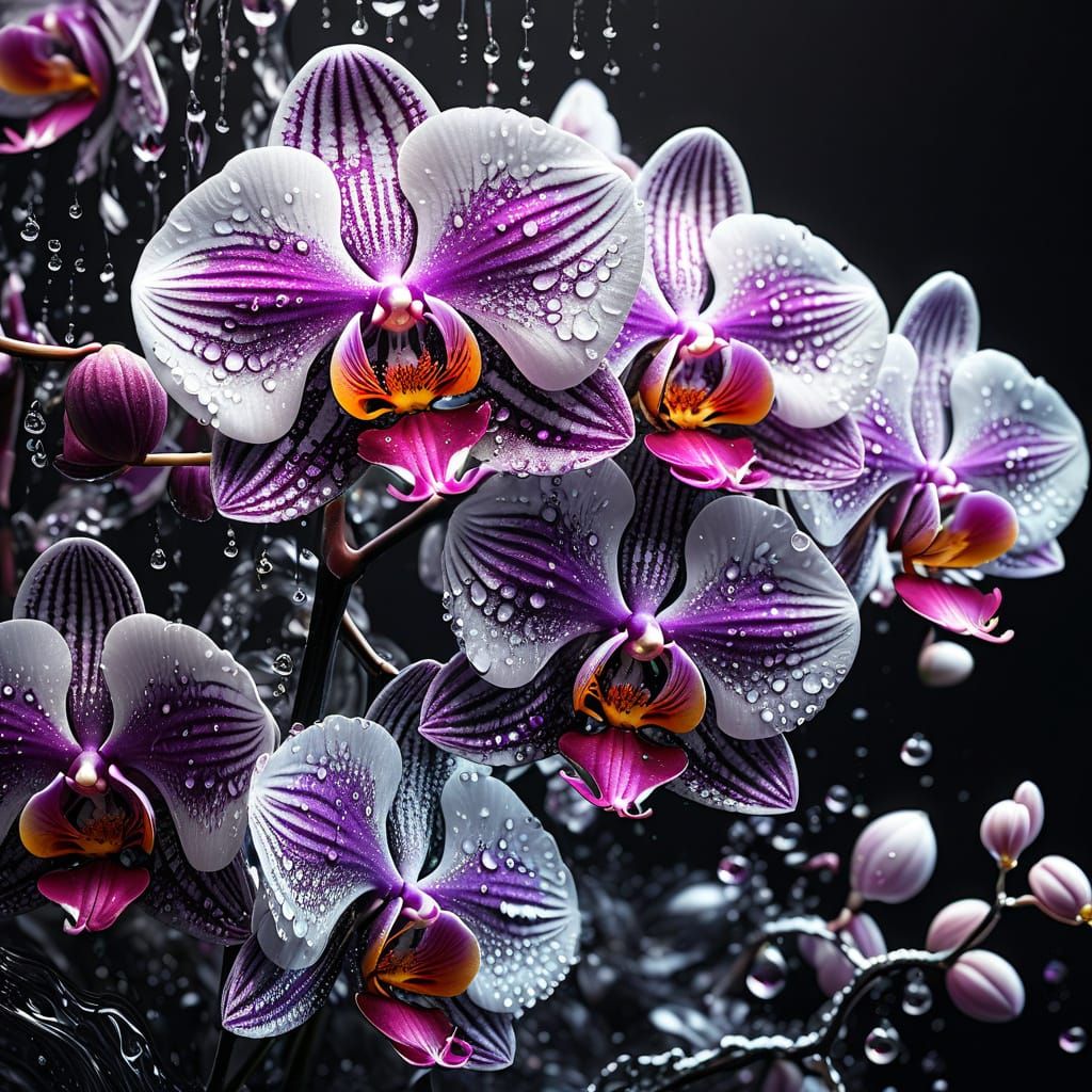 Vibrant Orchids with Dew Drops in Photorealistic Style
