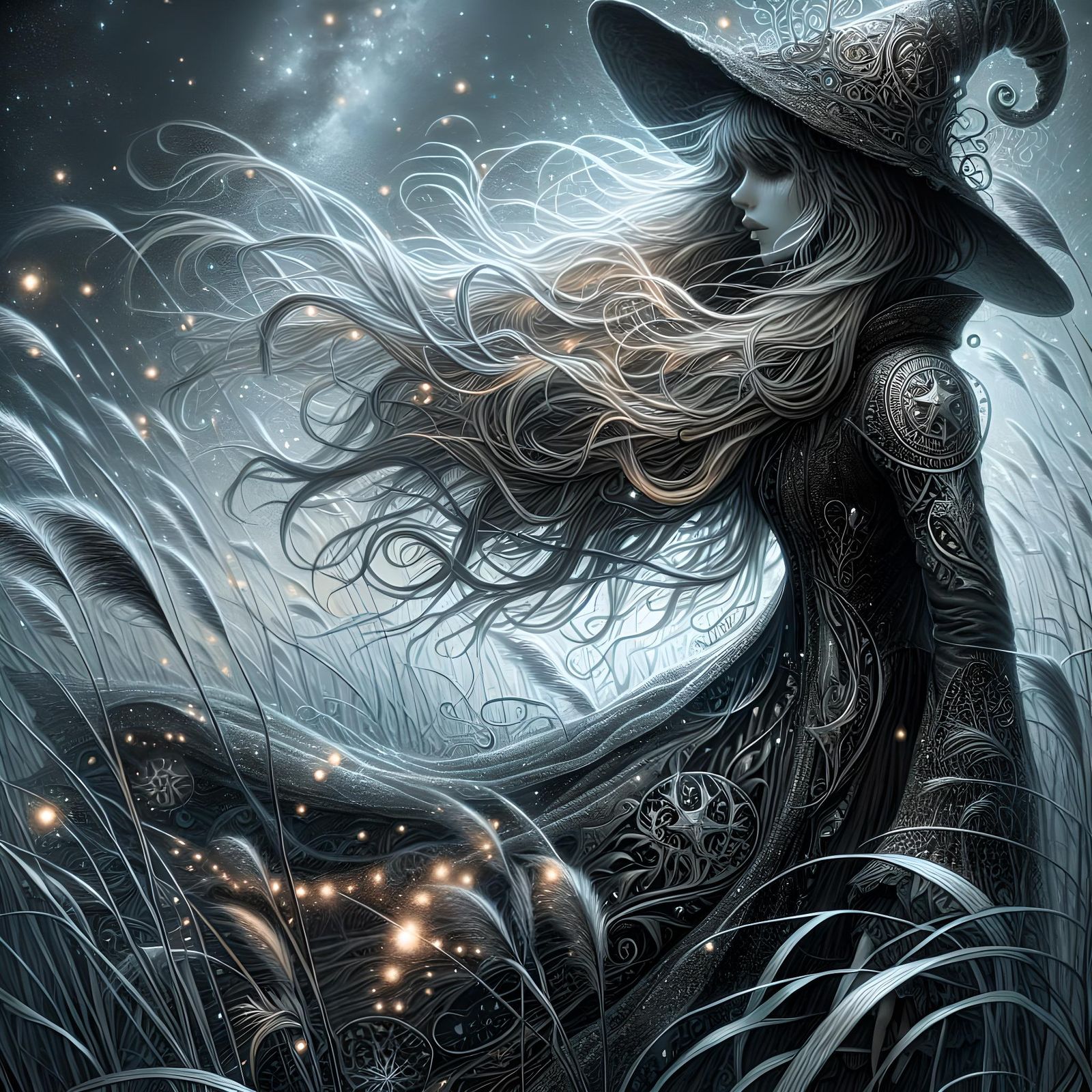 Ethereal Goth Witch in Starry Night, Art Nouveau