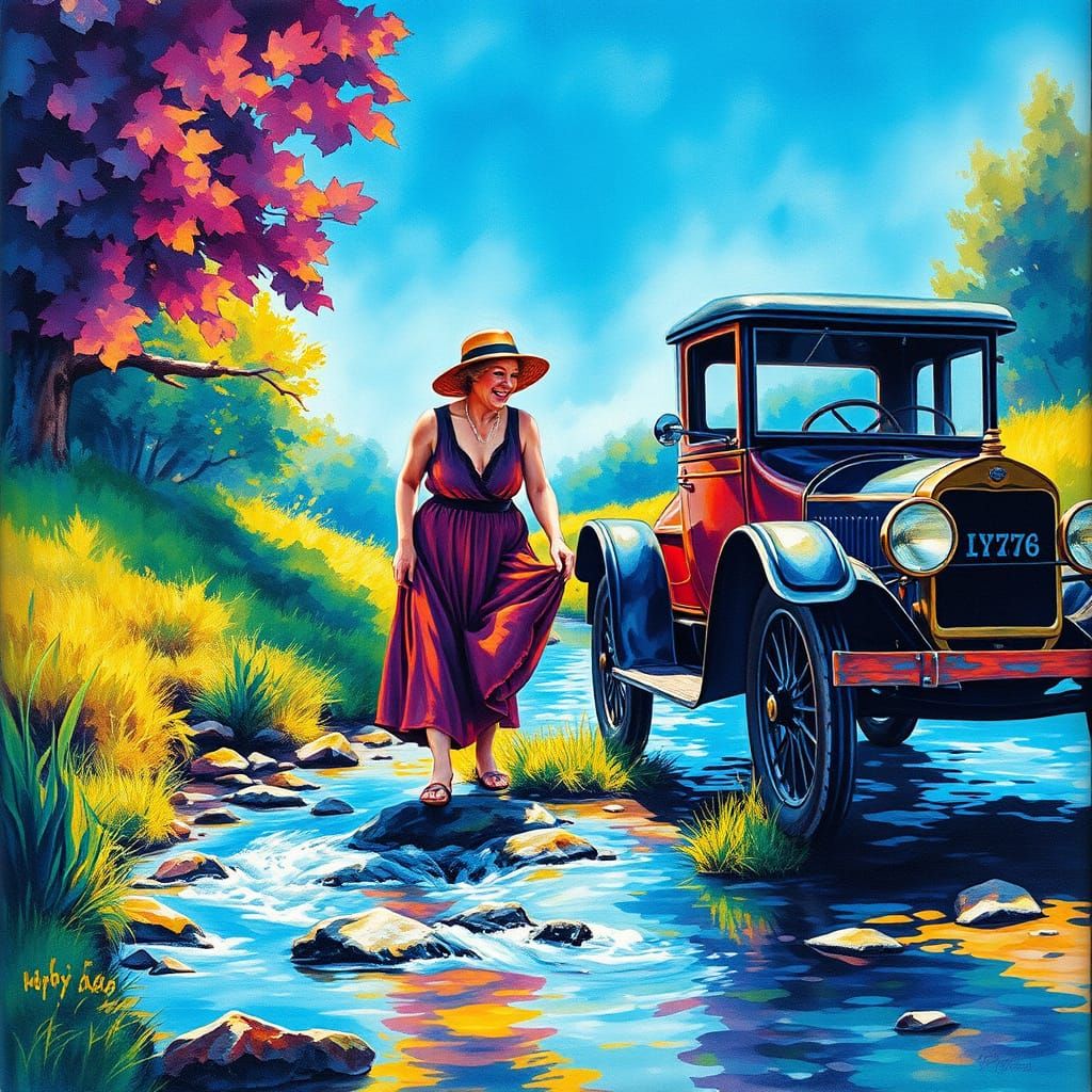 Vintage Ladies Find Refreshment by a Stream in a Vibrant Wat...