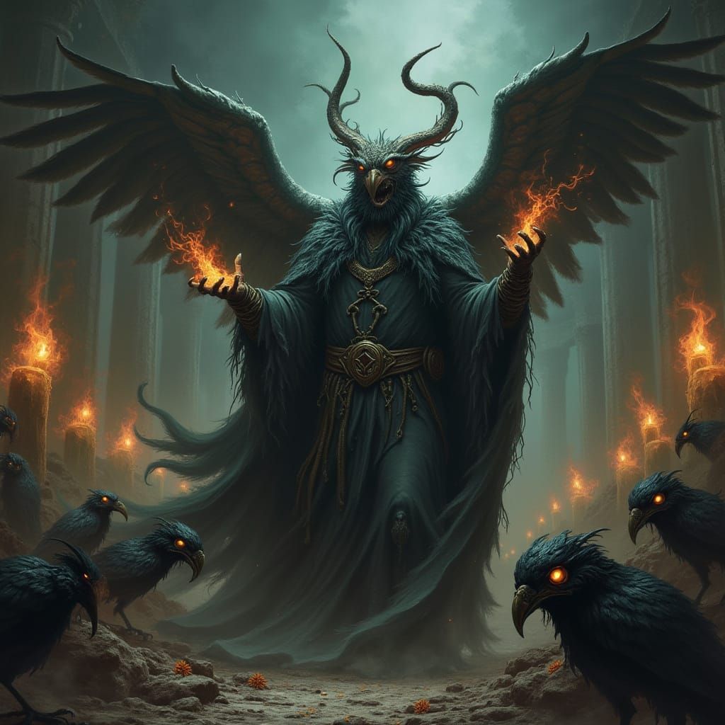 Twisted Sorcerer Summoning Corrupted Birds in a Dark, Nightm...