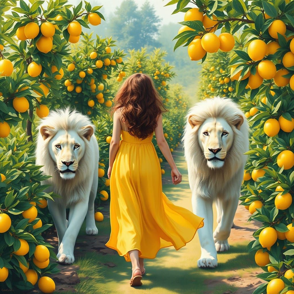 Ethereal Lady Strolls with Majestic White Lion in Sunlit Lem...