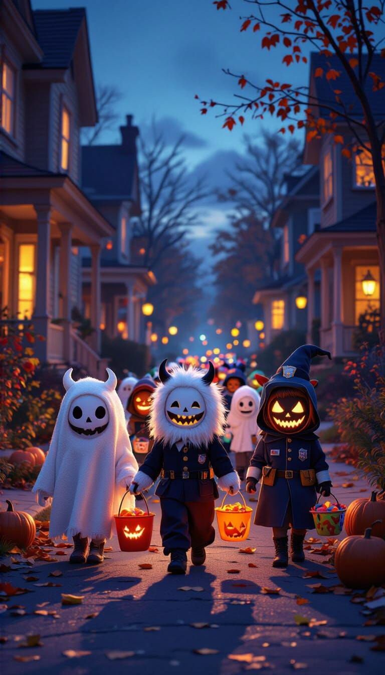 Halloween Monsters Trick-or-Treating in Suburbia