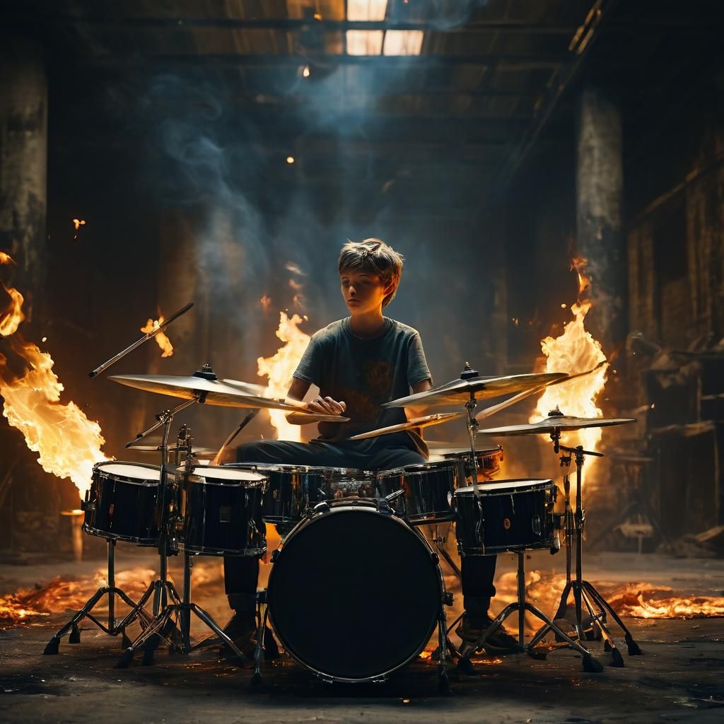 Boy Plays Flaming Drums in Expressionist Style