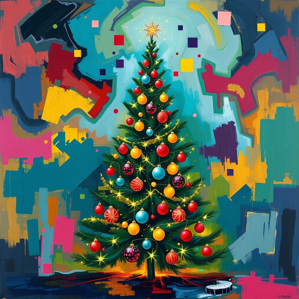 Vibrant Christmas Tree in a Swirling, Abstract Background