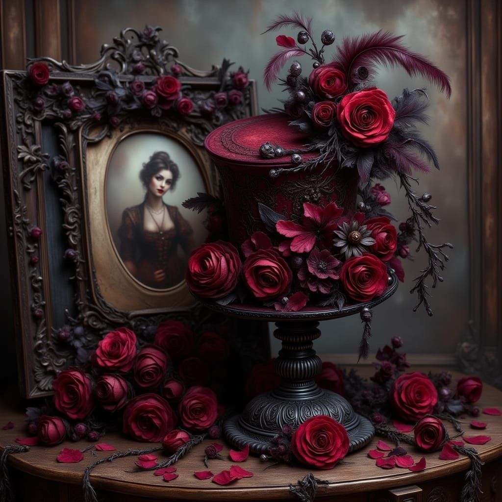 Eerie Gothic Top Hat Adorned with Roses and Feathers
