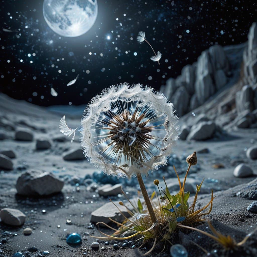 Ethereal Dandelion Blooms on the Moon's Rugged Surface