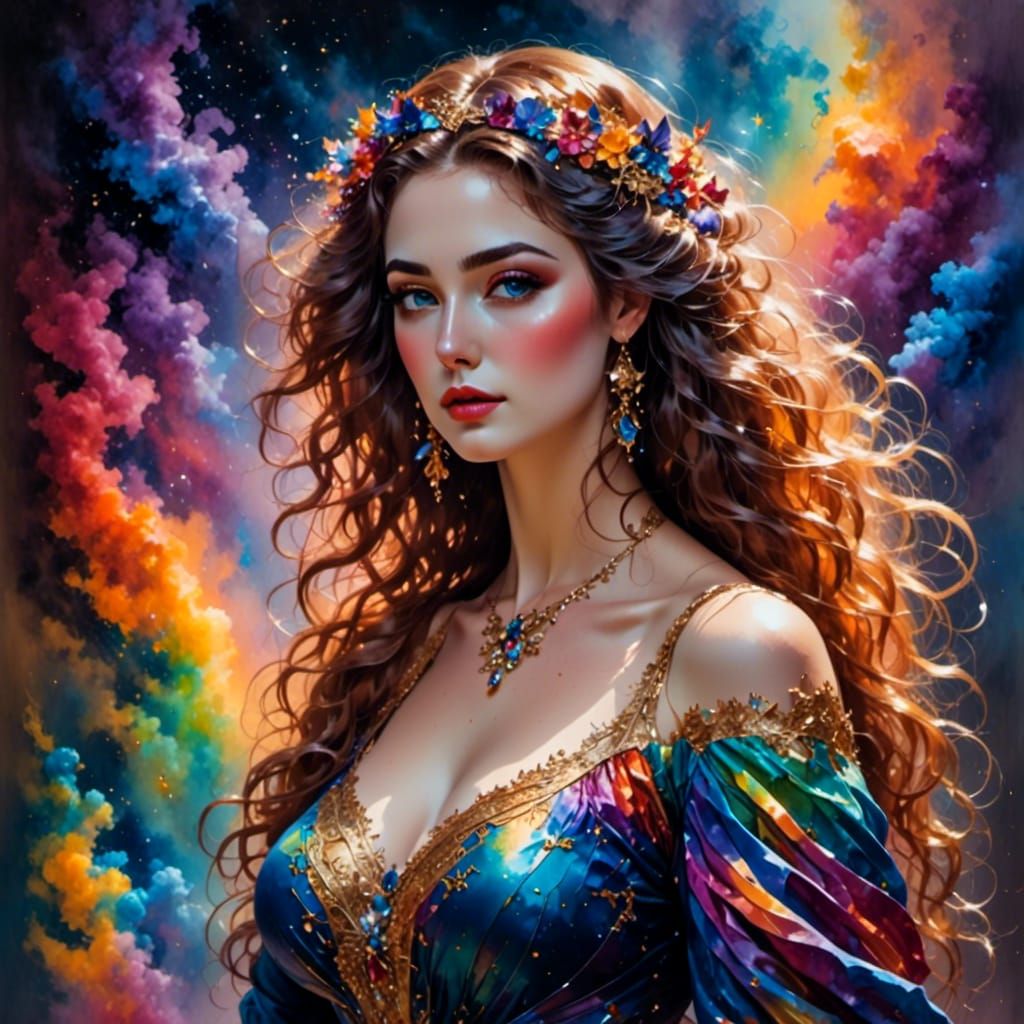 Voluptuous Beauty in Rainbow Watercolour Portrait