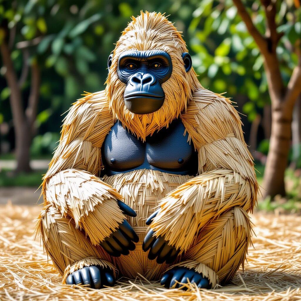 Rice Straw Gorilla Statue Art