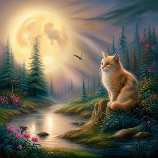 Ethereal Moon Cat in Fantasy Landscape
