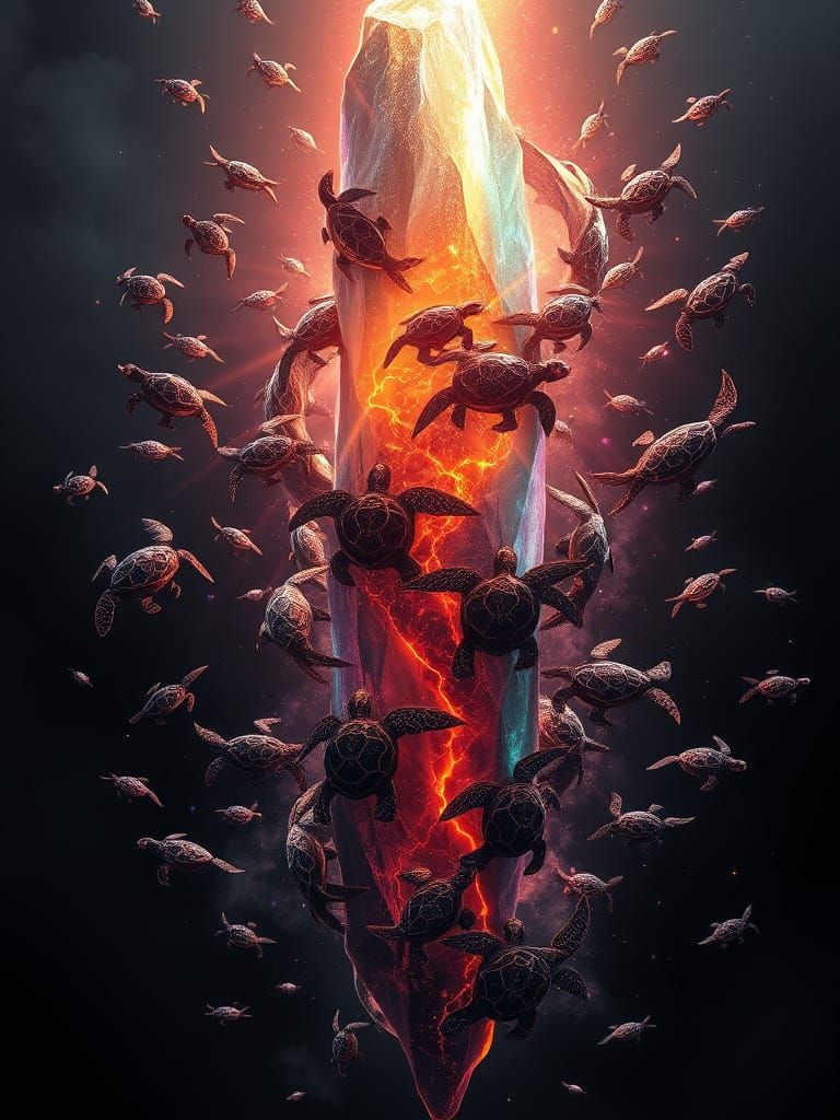 Bioluminescent Crystal Swirls with Celestial Sea Turtles