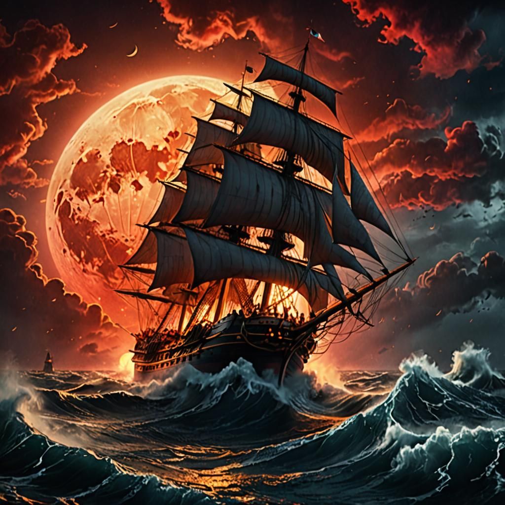 Clipper Ship Sails Under Red Moon in Digital Painting