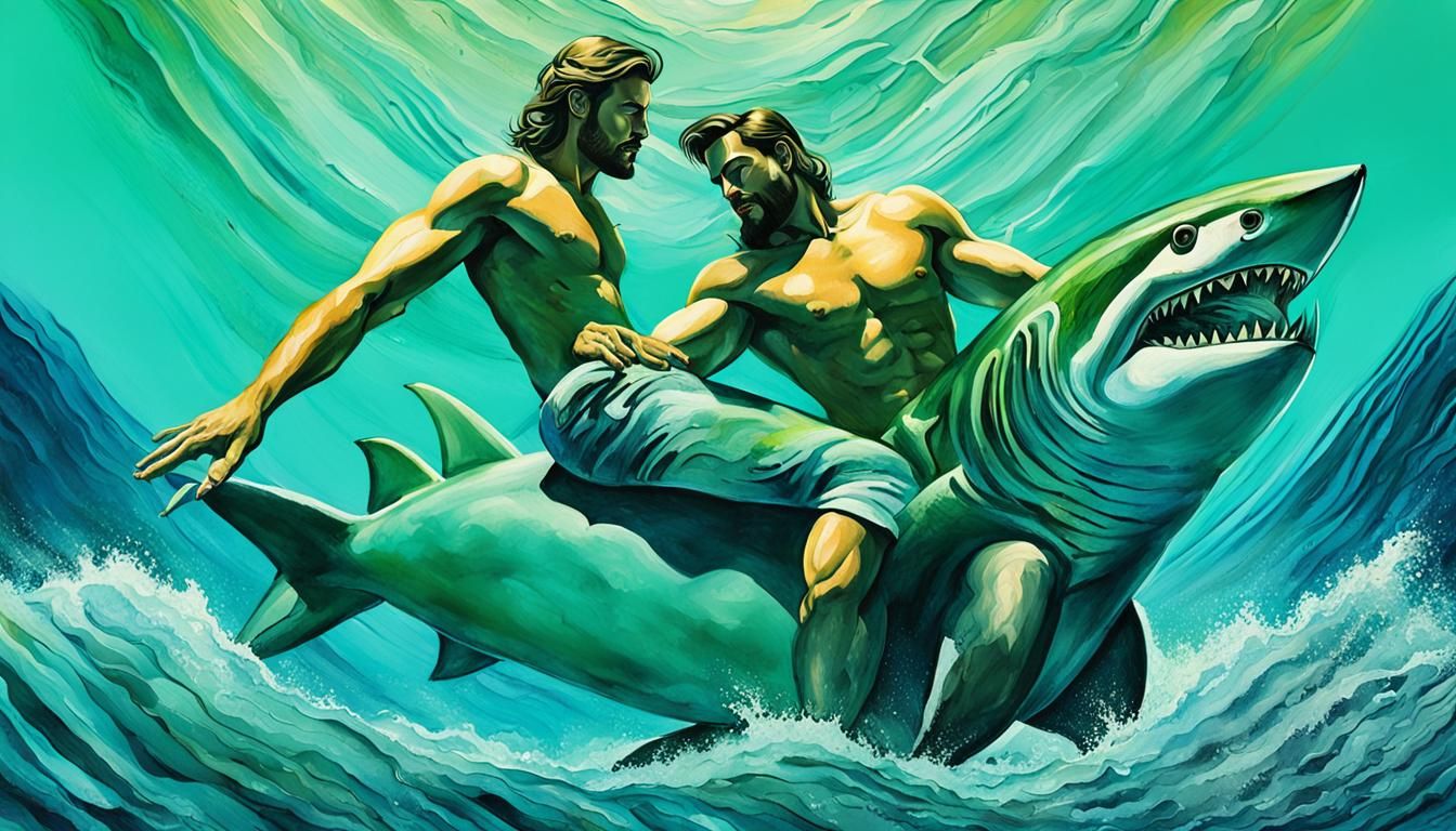 Jesus Surfing Shark in Erotic Alcohol Ink Style