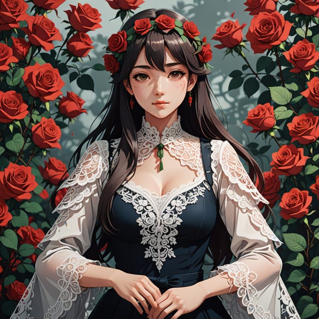 Ethereal Roses in Delicate Lace Petals, Anime Style
