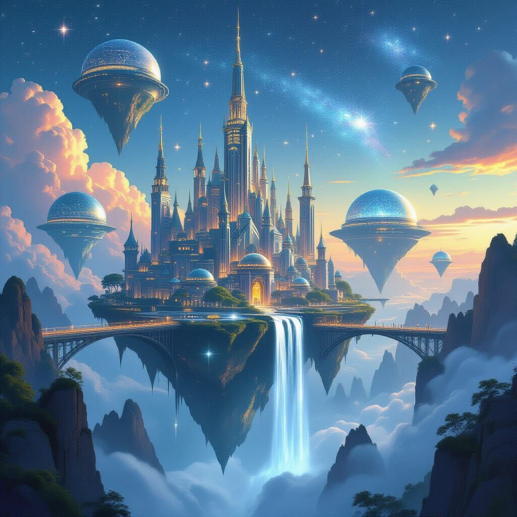 Floating Fantasy City Drifting Through Starry Skies
