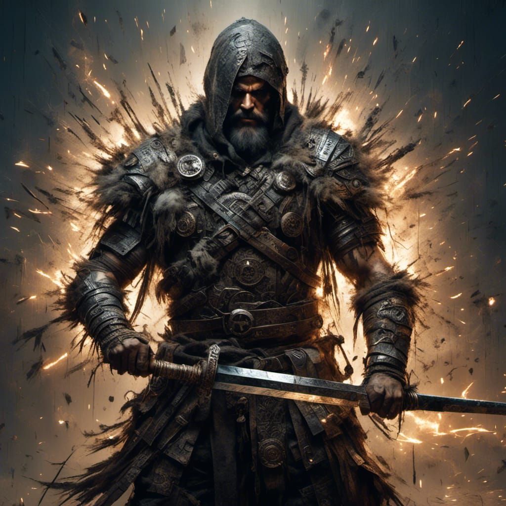 Grimdark Trashpunk Warrior with Glowing Sword