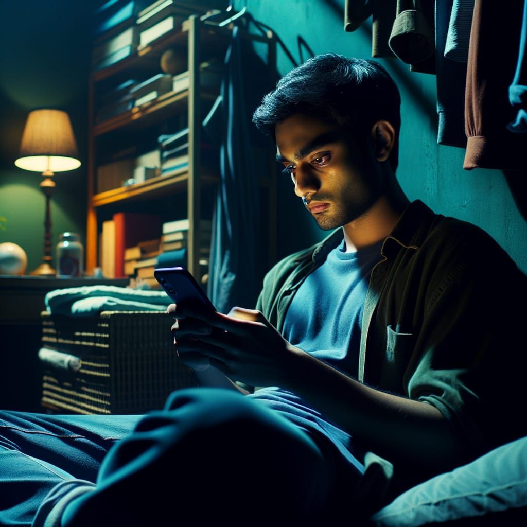 Young South Asian Man in Solitude, Lit by Phone Glow