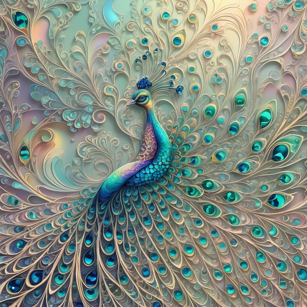 Glass Peacock Fractal with Zentangle Patterns