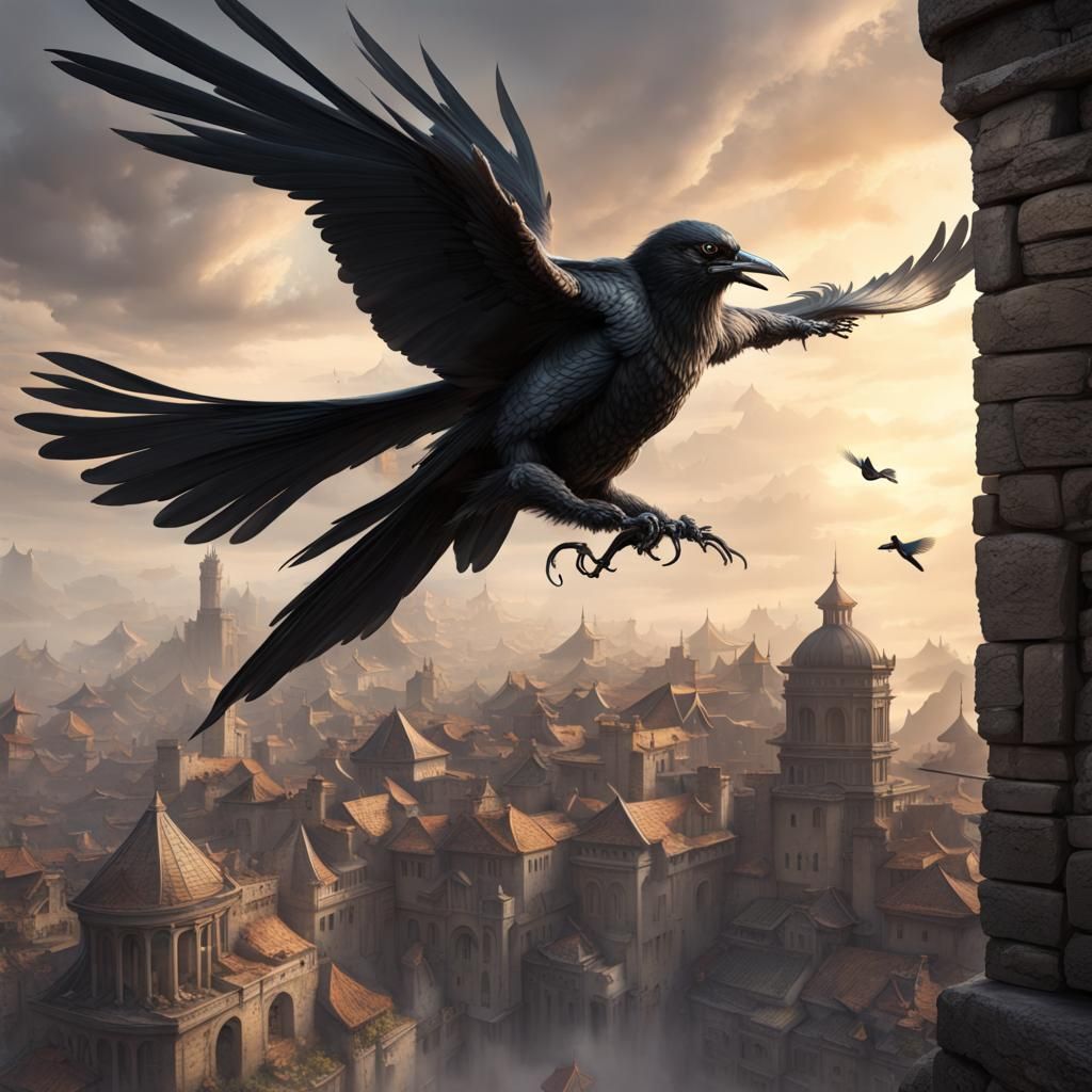 Magpie Humanoid Soaring Above Ancient City: Dark Fantasy Art