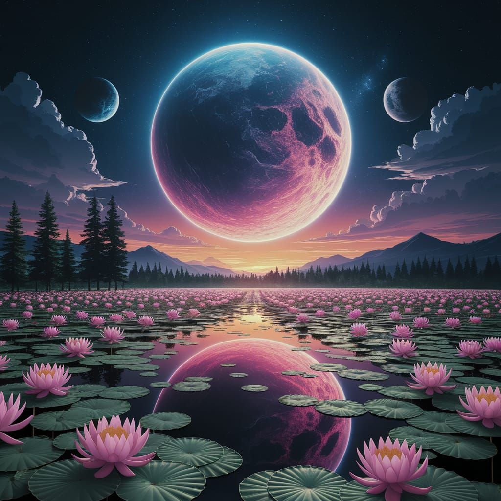 Blooming Lotuses in Astral Night Sky, Holographic Illustrati...