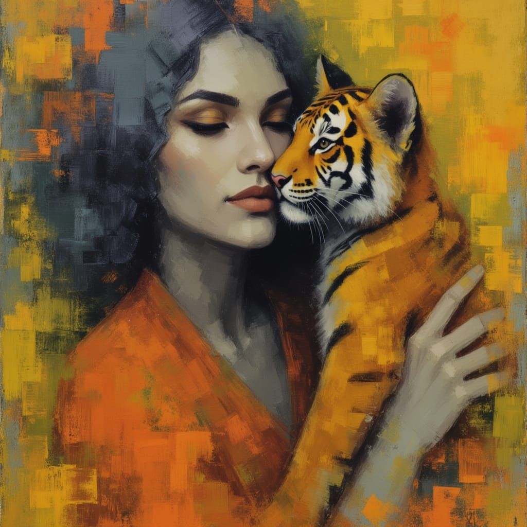 Wholesome Indian Skeleton Woman Hugs Tiger Cub