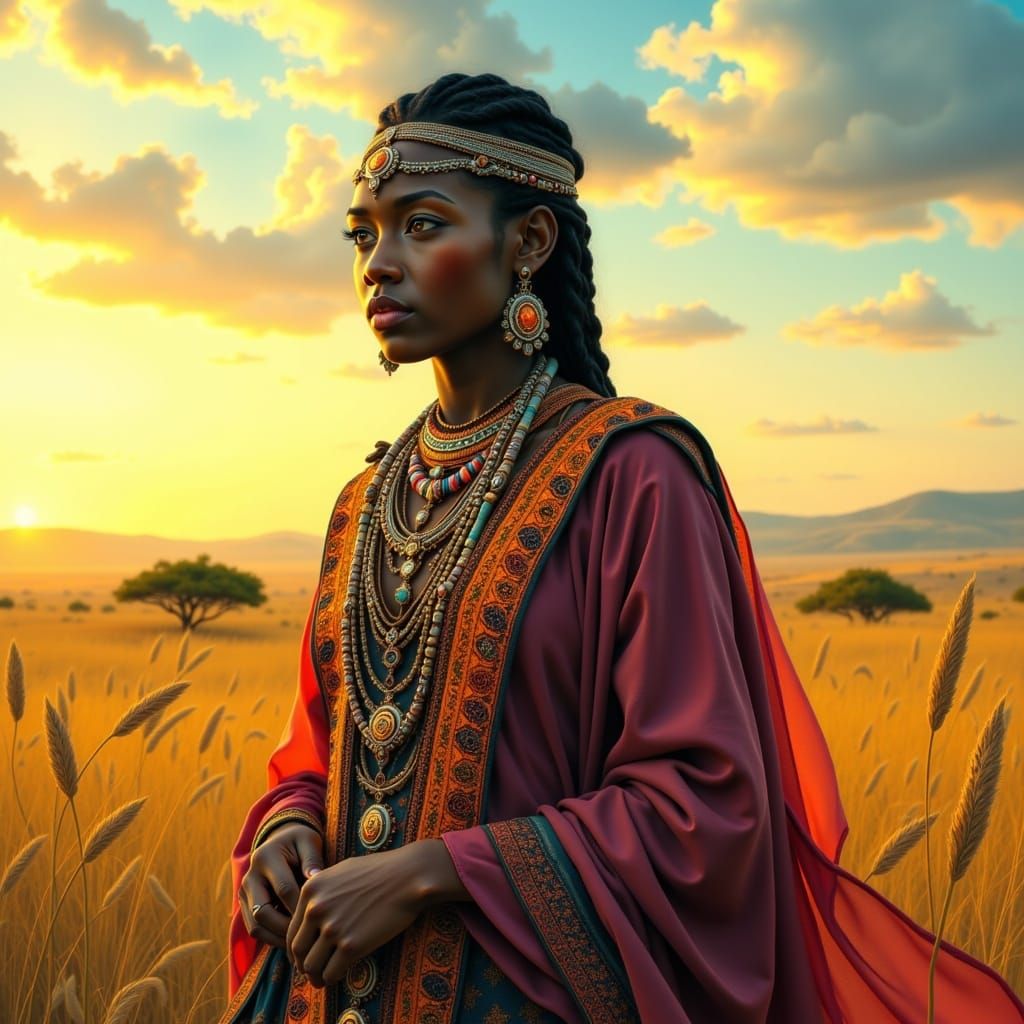 Maasai Warrior in Savannah, Dystopian Realism Style