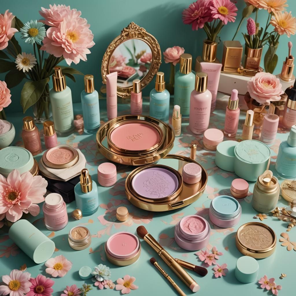Colorful Skincare Set on Floral Vanity, Matte Painting
