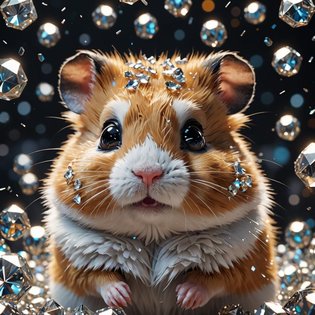 Hyperrealistic Hamster Surrounded by Diamonds: 3D Render