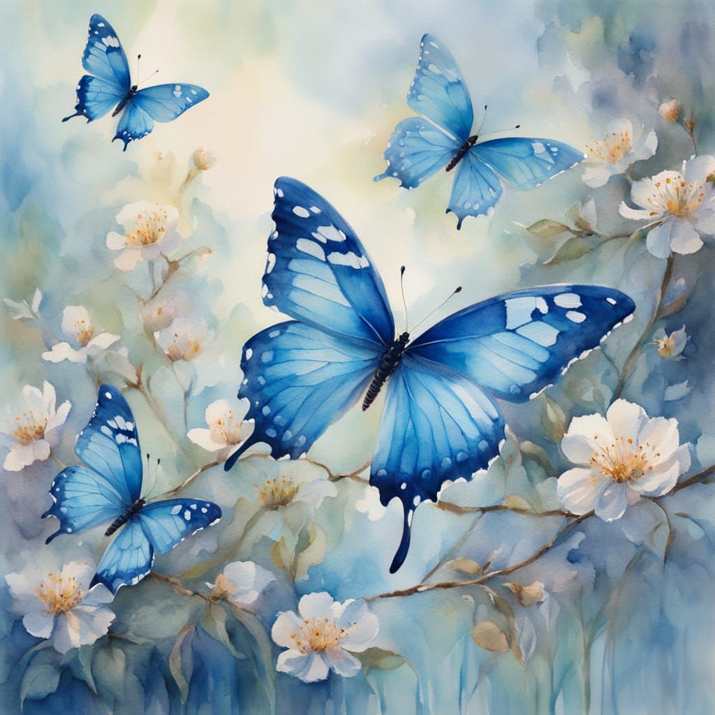 Dreamy Blue Butterflies Dance in Whimsical Watercolour