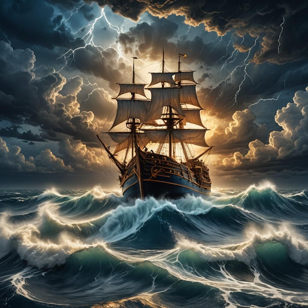 Sailboat Navigates Stormy Ocean: Matte Painting