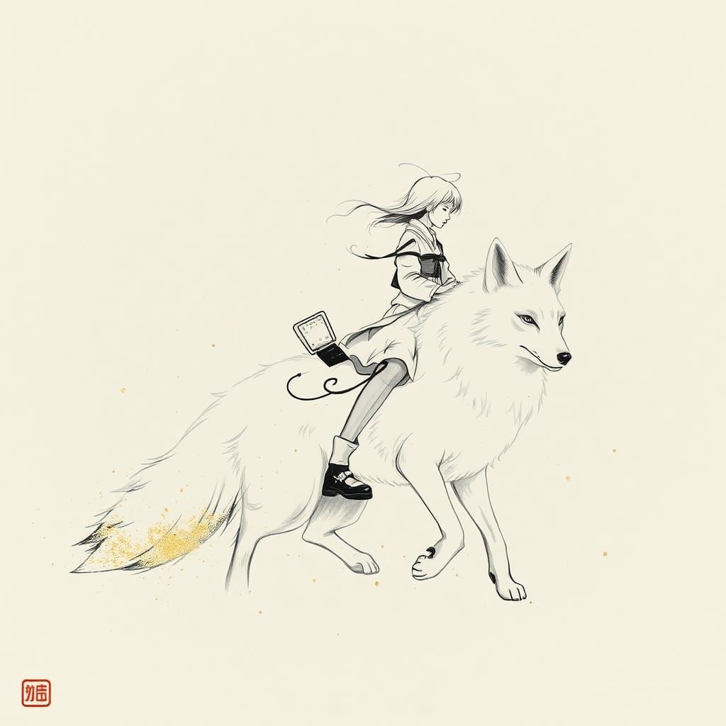 Android Girl Rides Fox in Snowy Sumi-e Masterpiece
