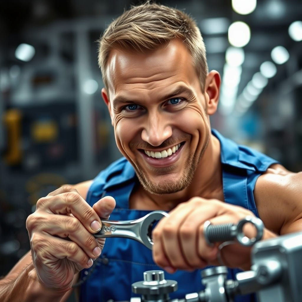 Handsome Industrial Worker Focuses on Precision Assembly