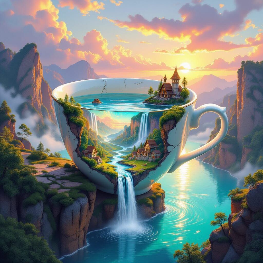 Giant Teacup Waterfall Landscape at Sunset