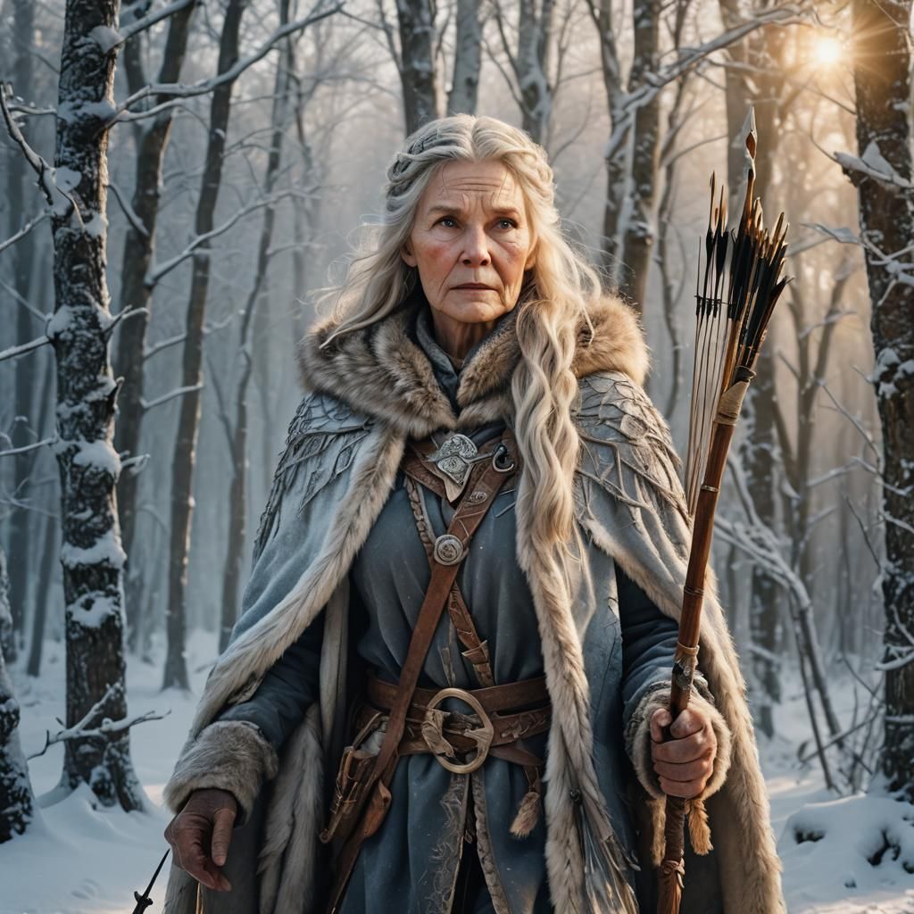 Viking Woman on Skis in Winter Forest