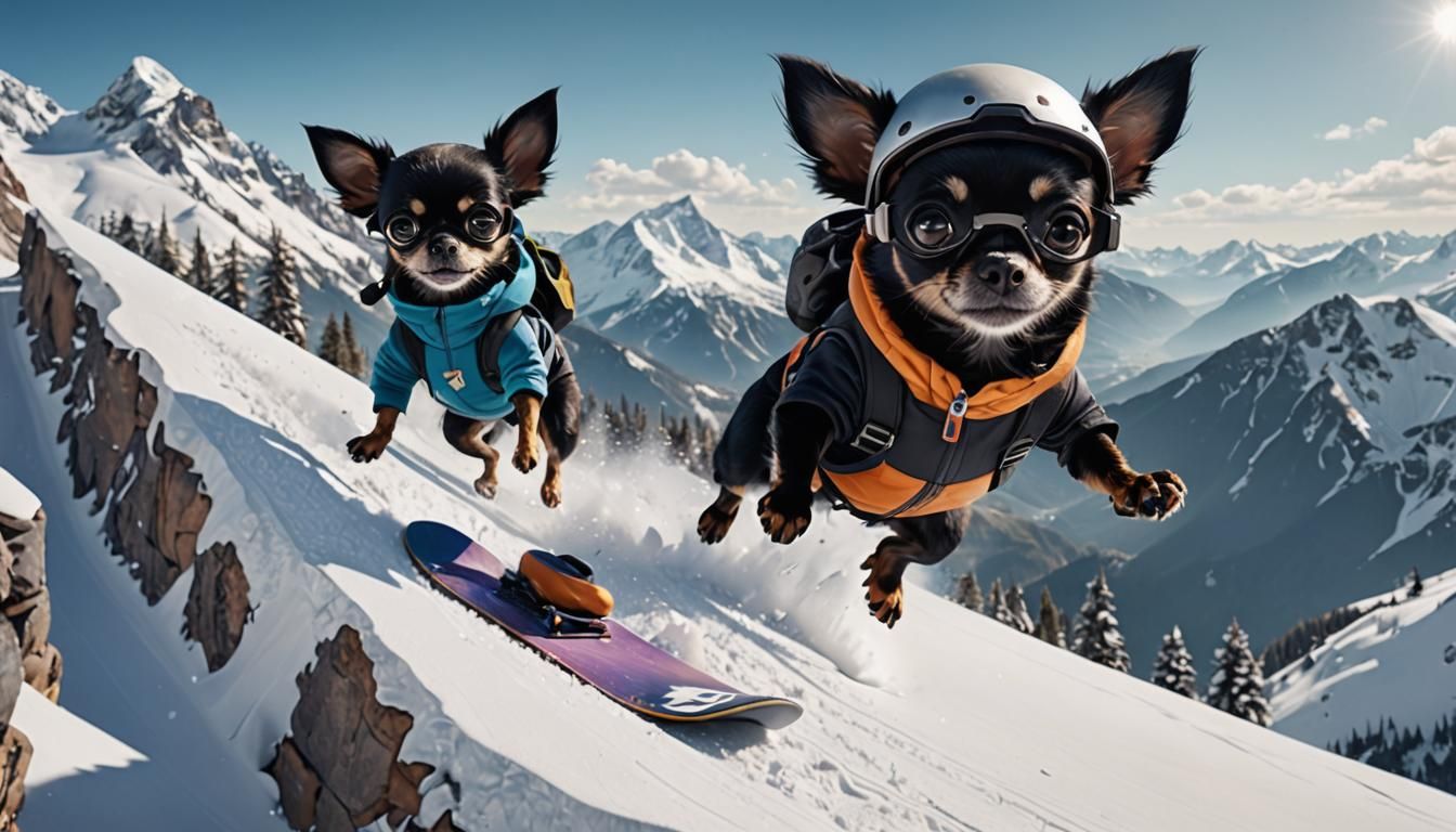 Chihuahua Snowboarding Jump: Detailed Matte Painting