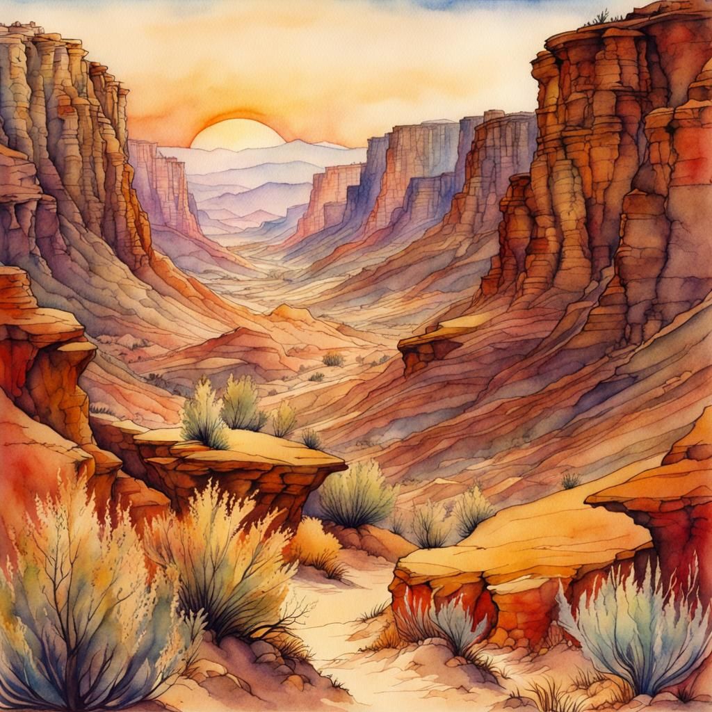 Watercolor Canyon in Arthur Rackham Style