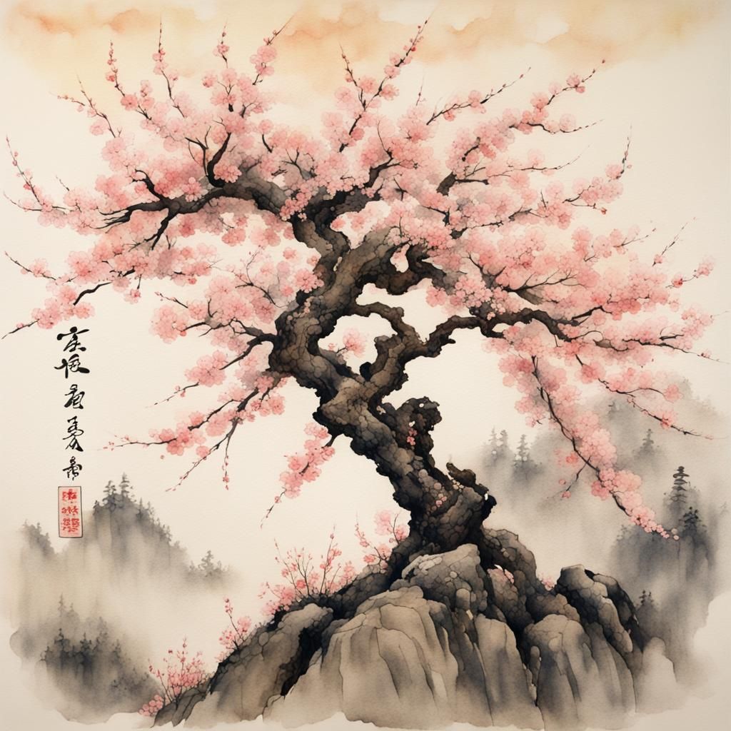 Cherry Blossom Tree Watercolor in Japanese Style