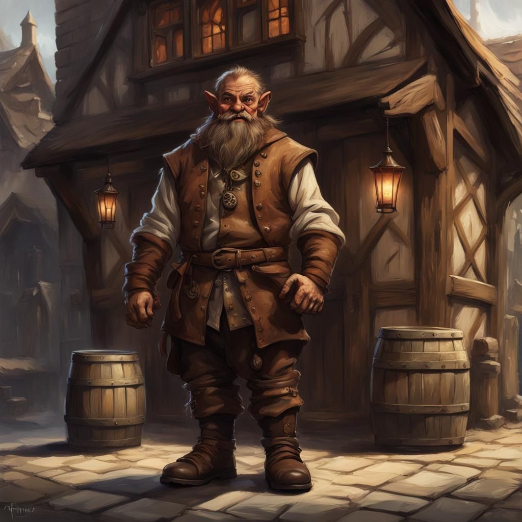 Halfling Dwarf Hybrid in Front of Medieval Pub