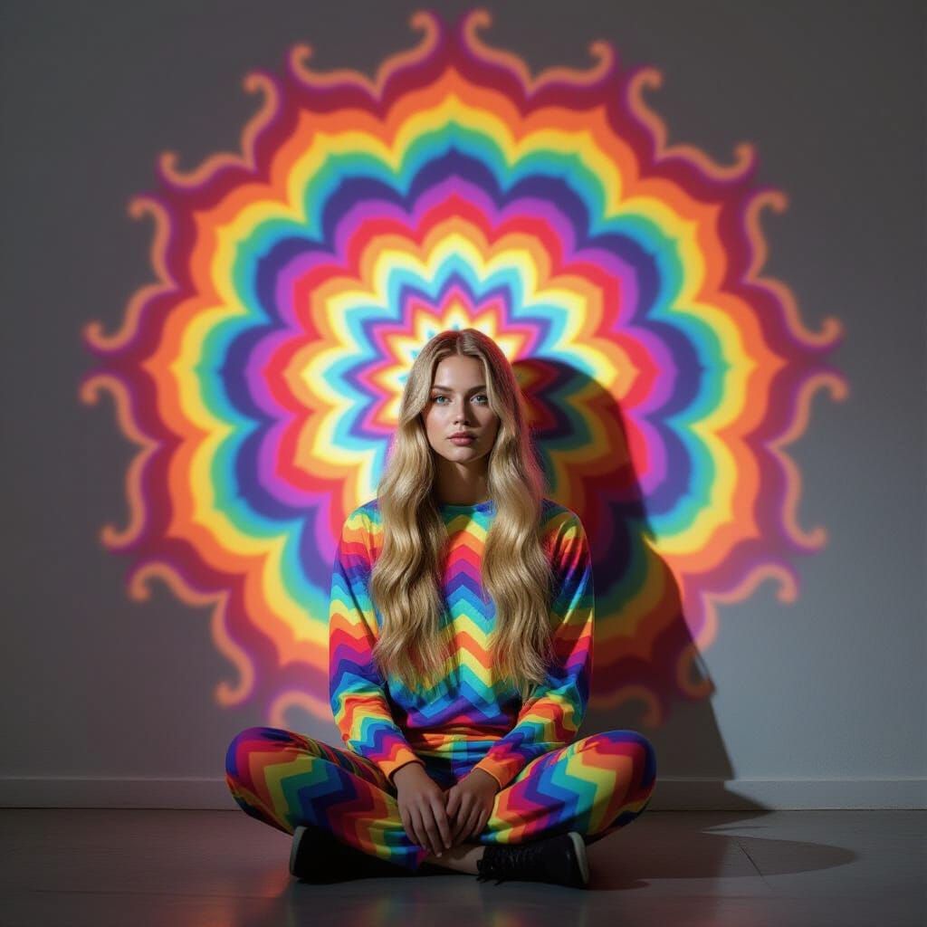 Person Camouflaged by Psychedelic Projection in Cinematic Ph...